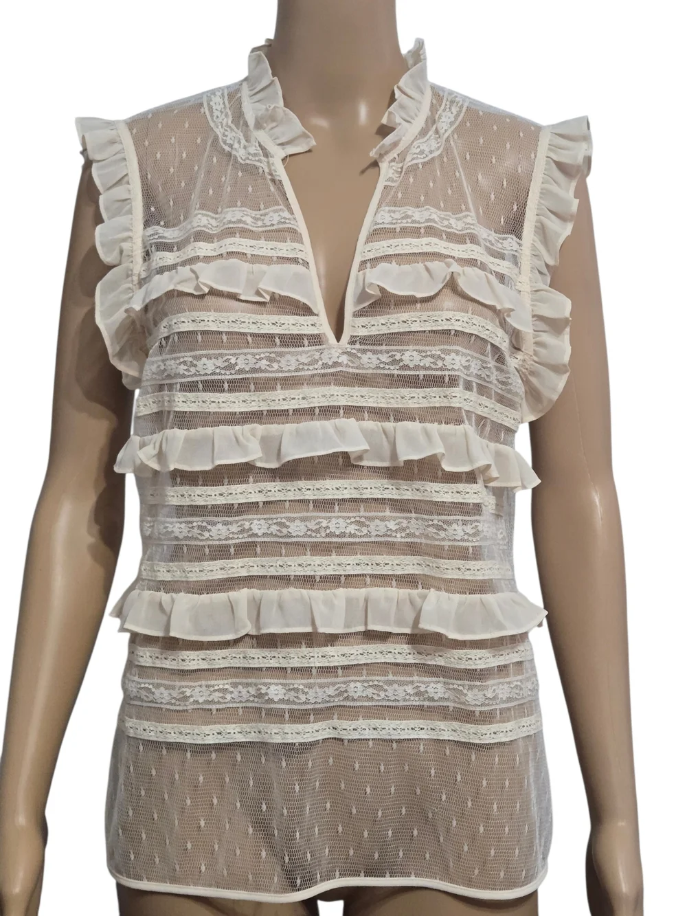 Twinset Milano Cream Lace Ruffle Blouse Sheer Swiss Dot Sleeveless  Top US Small - Picture 2 of 8